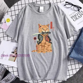 Japonski mačka anime katana T-shirt poletje visoko kakovostni T-shirt ulica smešno kratek sleeved zgornji del moški T-shirt Harajuku natisni T-shir