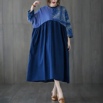 Prevelik Ženske Bombaž Perilo Dolgo Obleko Nov Prihod 2022 Pomladni Vintage Stil Mozaik Tisk Svoboden Ženski Priložnostne Obleke H127
