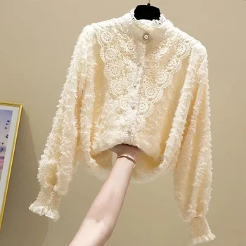 2021 Moda Vrhovi Čipke Elegantno Belo Belovrati Oblikovalec Korzet Majica Ženska Majice Dolg Rokav Prosojna Bluza Rastlinske Žamet Korejski