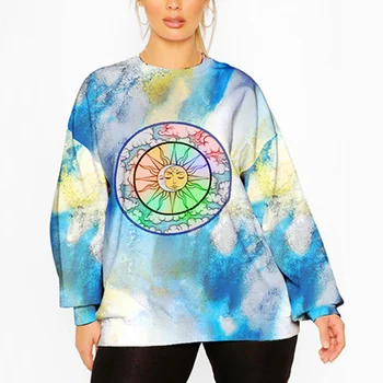 Tie Dye Sun Moon Obraz Tiskanje Prevelik Majica Ženske Harajuku Ulične O-vratu Dolgimi Rokavi Pulover Moda Vrhovi 2021 Jeseni