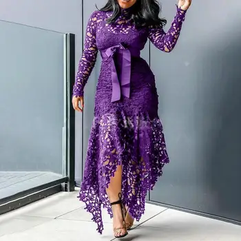 5XL Ženske Elegantno Obleko 2021 Formalno Obleko Čipke Mozaik Ženske Votlih Iz Fishtail Robom Dolžina Obleko Maxi Obleke Večerno Obleko
