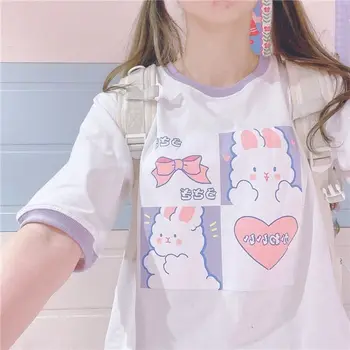 Japonski Sweet Lolita T-shirt Poletje Ženske Kawaii Zajček Tiskanja Kratek Rokav Vrhovi Mehko Sestra Dekleta Risanka Zajec Oversize Tshirt