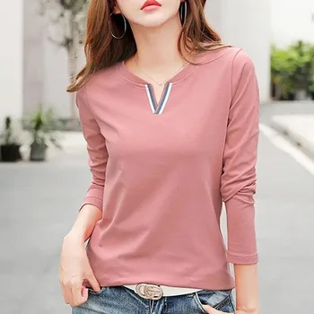 V-neck Ženske Bombaža T-shirt Minimalističen Barva Velikosti Oblačila Modni 2021 Slim Fit Mujer Camisetas korejskem Slogu
