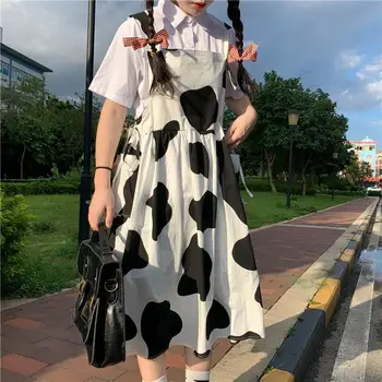 Kawaii Krava Tiskanja Obleko Dekle Mori Lolita Mleko Žensk Srčkan Sundress Harajuku Preppy Stil korejski Moda Priložnostne Ohlapno Obleko Midi