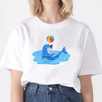 Dekleta' T Shirt O Vratu Srčkan Risanka Dolphin Natisniti T-shirt Dame Poletje Kratka Sleeved Grafični T Shirt Priložnostne Smešno Moda Tees