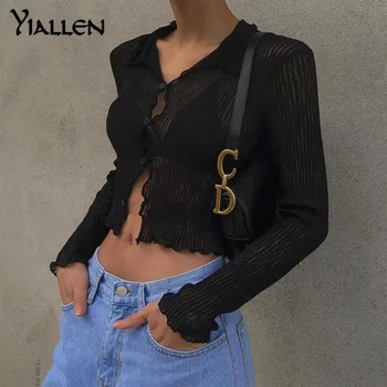 Yiallen Jeseni Očesa, spregledal T-Shirt za Ženske Modni Trdna Dolgimi Rokavi Iz Votlih Slim Bodycon Obreži Zgoraj Priložnostne Ulične
