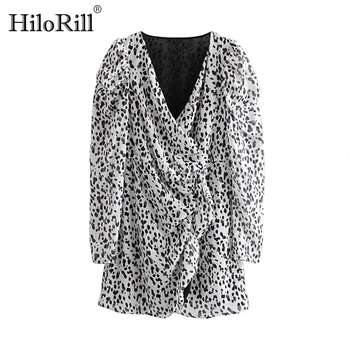 HiloRill Ženske Leopard Šifon Obleko V Vratu Puff Dolg Rokav Ulične Mini Obleke Lady Ruffles Žensko Linijo Obleko Sundress