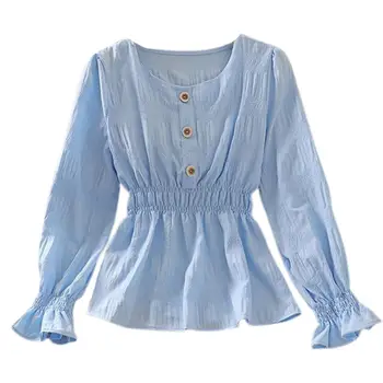 Ženske Majica Bluzo Ruffles Dolg Rokav Gumbi Dihanje Ženska Majica Stretchy korejskem Slogu Elegantna Urad Dama bluze 2021