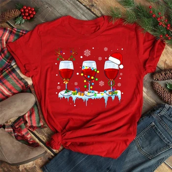 Dame Tee Moda Santa Vino Tiskanja Tshirt Smešno Pismo Ženske Božič T Shirt Vzročno Kratek Rokav O Vratu Rdeča majica