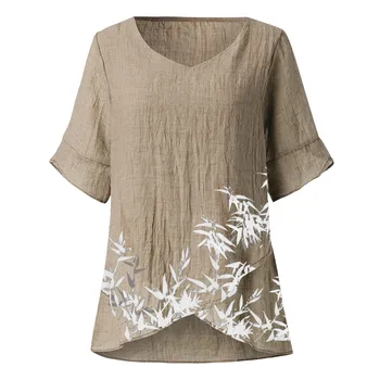 2021 Moda za Ženske Bluze Bambusa Listov Tiskanje ženska Tunika Priložnostne Bombaž Perilo Kratek Rokav Majice Za Poletje Ropa Mujer