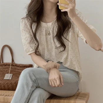 Novo 2021 Poletje Ženske Bluze, Modne Majice Sladko Vezenje Cvetlični Elegantno Divje korejski izrežemo Lady Letnik Vrhovi BL3373A
