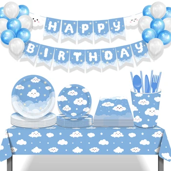Srčkan Bel Oblak Modro Nebo Happy Birthday Party Razpoložljivi Namizna Določa Papirja Krožniki, Skodelice Baby Tuš Pogodbenice Prednost Odlikovanja