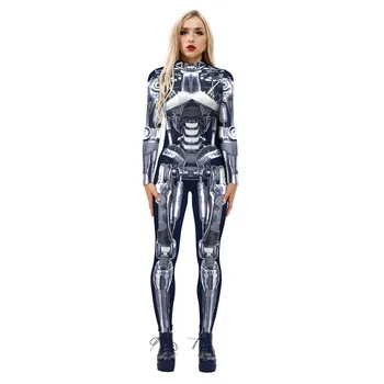 Božična Noč Groze Skellington Ženski Halloween Kostum Ženske Cosplay Robot Natisnjeni Jumpsuit Lobanje Karneval Obleka, Igralne Obleke
