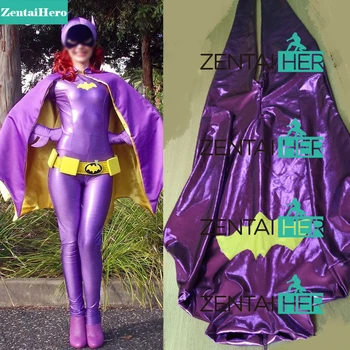 Novi Seksi Dekle Vijolično Batgirl Cosplay Kostum Bleščeče Kovinsko Zentai Bodysuit Superheroj Strip Catsuit s Cape UC11901