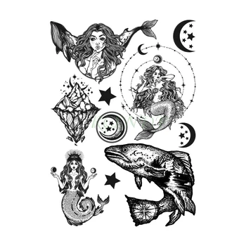 Nepremočljiva Začasni Tattoo Nalepke morska deklica Seksi Dekle, stara šola Kit Star Luna Gorskih Flash Tattoo Ponaredek Tatto za Moške, Ženske