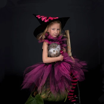 Dekleta Čarovnica Tutu Obleko s Klobuk Halloween Cosplay Čarovnice Kostum za Otroke Oblačila Otrok Dekle Carnival Party Til Obleko 1-12Y