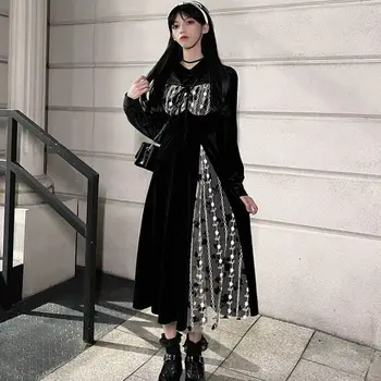 Črna Gothic Goth Midi Obleko za Ženske Dekle Očesa Čipke Črto Lolita Obleko Fairycore Oblačila Pravljice Grunge Vintage Oblačila 2022