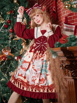 Božič Medved Lolita Obleko OP Sladko Srčkan Visoko Pasu Božič Lolita Obleko Princese Kawaii Princesa Dolg Rokav Vestidos