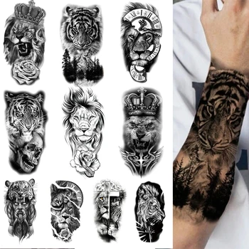 10 Kos/Set Nepremočljiva Začasni Tattoo Nalepke Levji Kralj Rose Tiger Lobanje Gozdni Cvet Telo Roko Umetnosti Kul Rokavi Moški Ženske