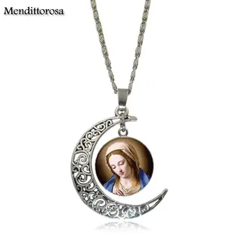 Mendittorosa Jezus Portret Križ Marije Modni Nakit Letnik Steklena Ogrlica Z Crescent Moon Za Dekle Darilo