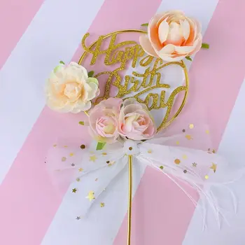 Novo Zlato Kovinsko Happy Birthday Cake Pokrivalo Cvetje, Torto Pokrivalo za Poroko Posla Rojstni dan Torta Okraski Baby Tuš