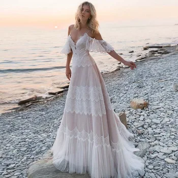 Špagete Trakovi Bohemian Poročne Obleke 2021 Backless Beach Poroka Oblek Šampanjec Off-Ramo Poročne obleke haljo de mariée