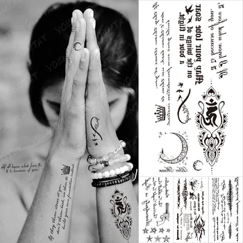 Arabski Sanskrtu Molitev Besedilo Nepremočljiva Začasni Tattoo Nalepke Krona, Luna Angleško Black Besedo, Črko Roko Flash Tetovaže Ženske Moški