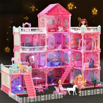 Princesa Velika Vila DIY Dollhouses Komplet Roza Grad Igrajo Hiša Z Potisnite Dvorišče Komplet Sestavljen Lutka Hiša Igrače Pretvarjamo, Igra Igrače